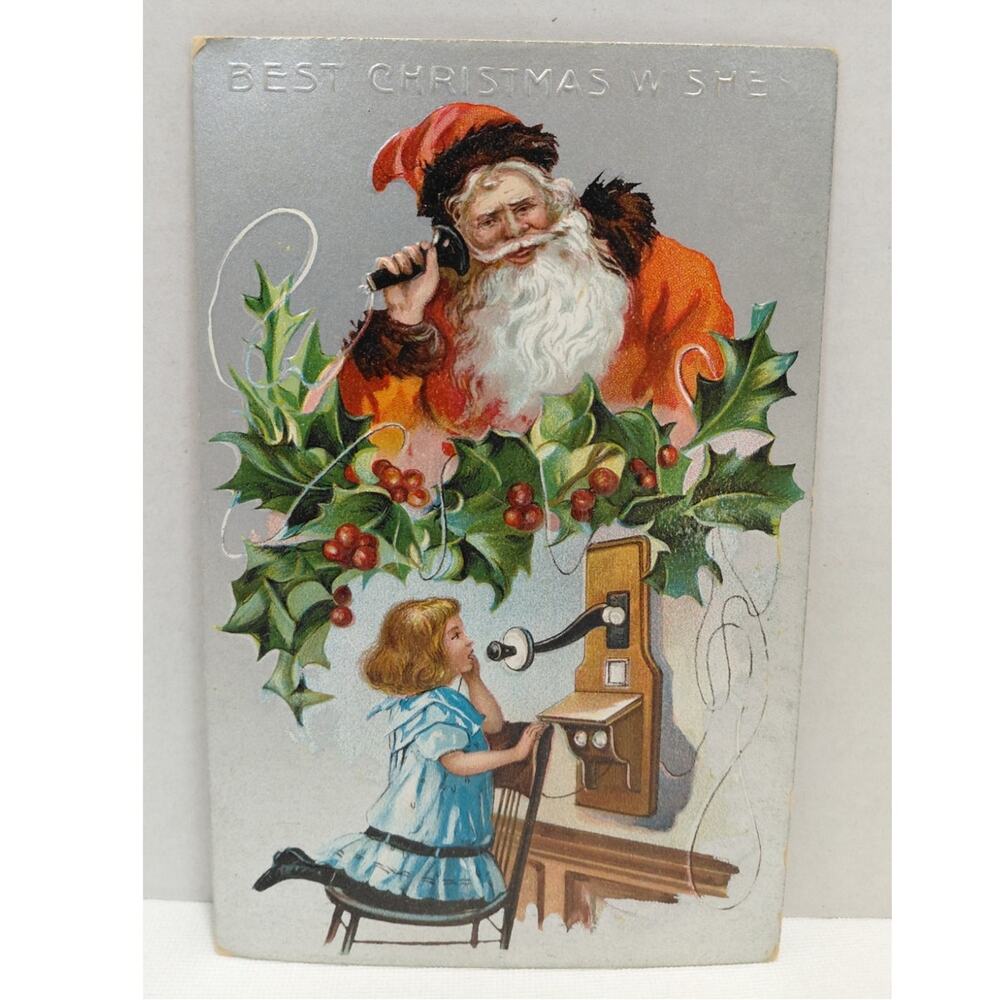 Antique Christmas Postcard Santa Claus Talking on Telephone Divided Embossed
